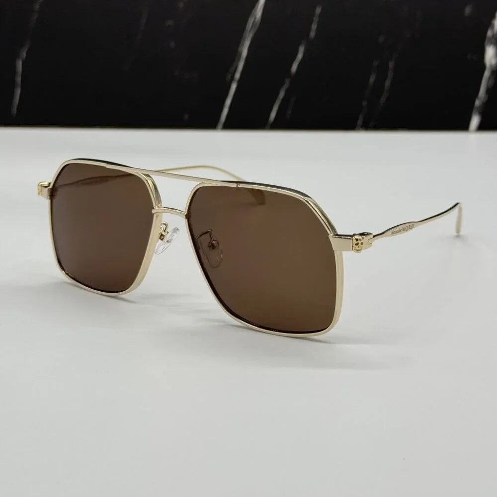 NEW AM0372S 002 ALEXANDER MCQUEEN GOLD PILOT UNISEX SUNGLASSES